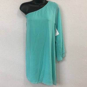 Turquoise, one-shoulder dress